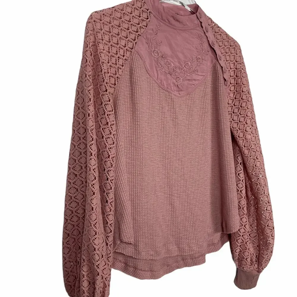 Free People Sweetest Thing Thermal Lace Top Pink Size XS